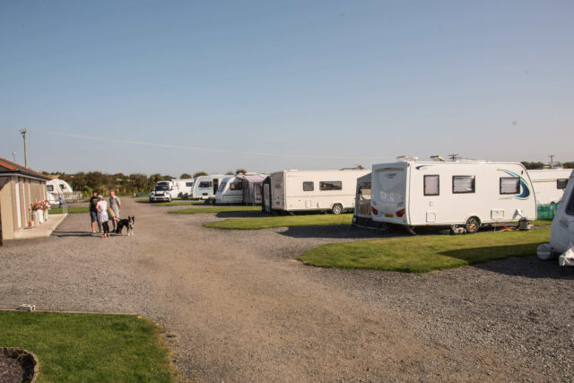 Caravans parked on site with three people and a dog